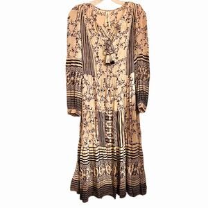 Anthropologie Talulah Tiered Boho Midi Tasseled Dress Black Cream S